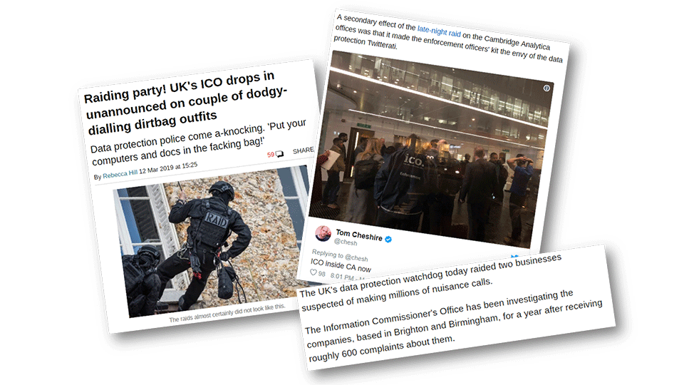 News snippet: The UK's data protection watchdog today raided two businesses suspected of making millions of nuisance calls.