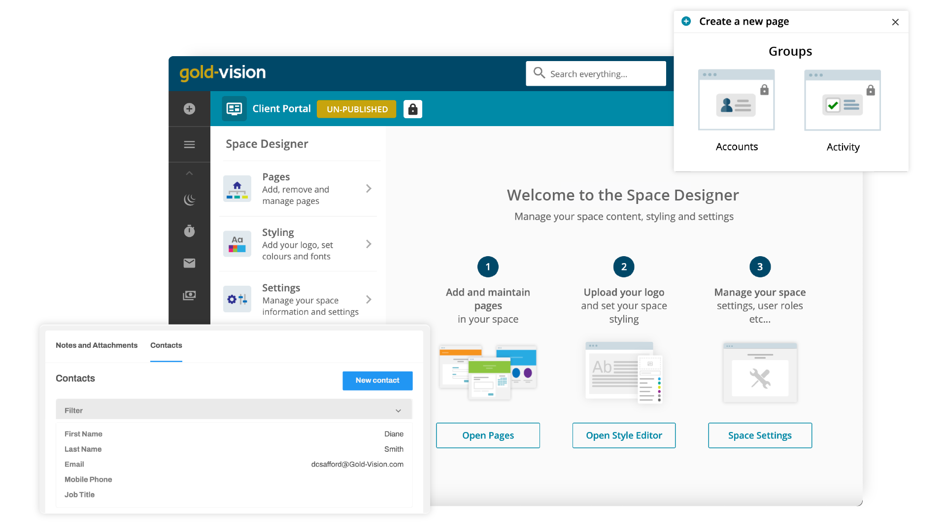 Gold-Vision portal space designer view - showing options to create a new account or activity page. You can also see options to open pages, open style editor or open space settings. 