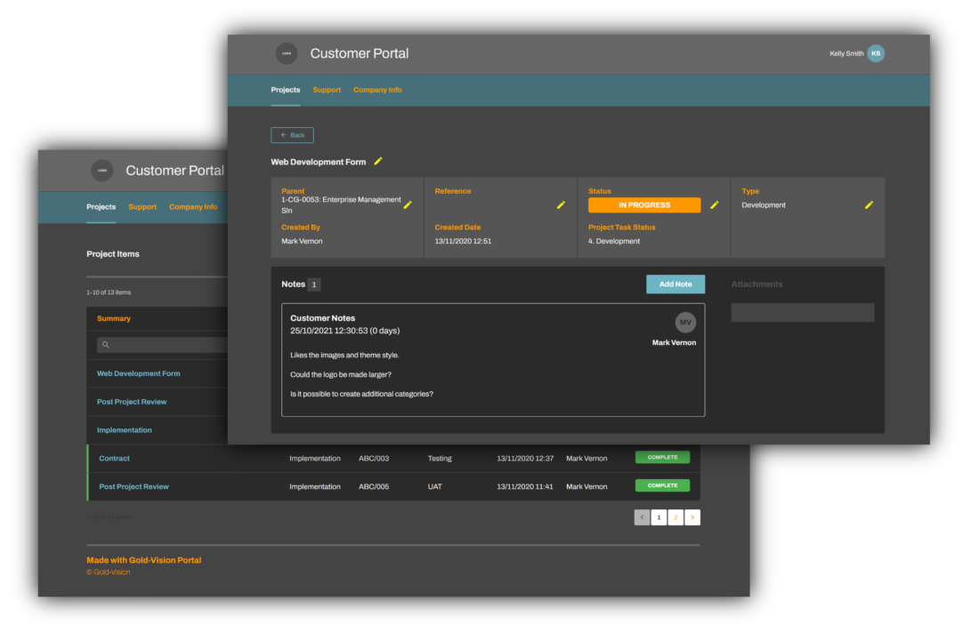 Two example views of what Gold-Vision portal looks like: adding notes or displaying project activities and their current status.