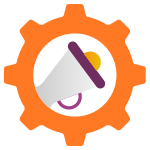 Icon representing marketing automation - an orange cog, with a purple megaphone inside of it.