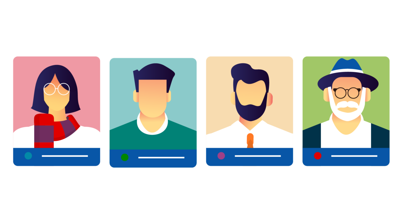 Know your audience - image represents 4 different audience personas. One woman with glasses, a man in a green jumper, a man with a beard and an older man with a beard and a hat