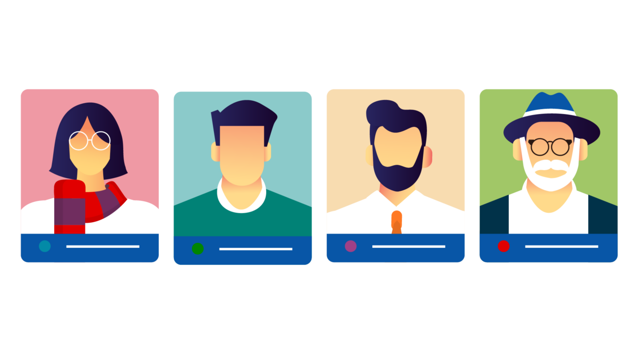 Know your audience - image represents 4 different audience personas. One woman with glasses, a man in a green jumper, a man with a beard and an older man with a beard and a hat