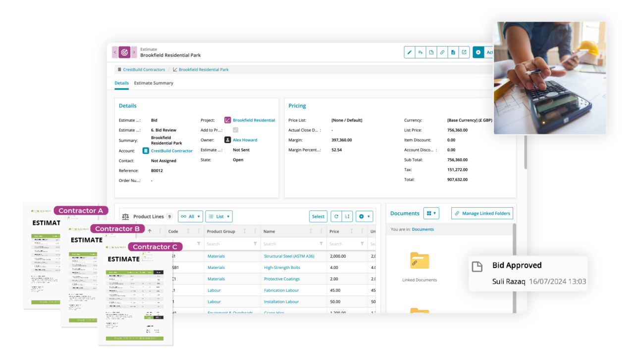 Estimates screen with pricing, templates and product lines visible