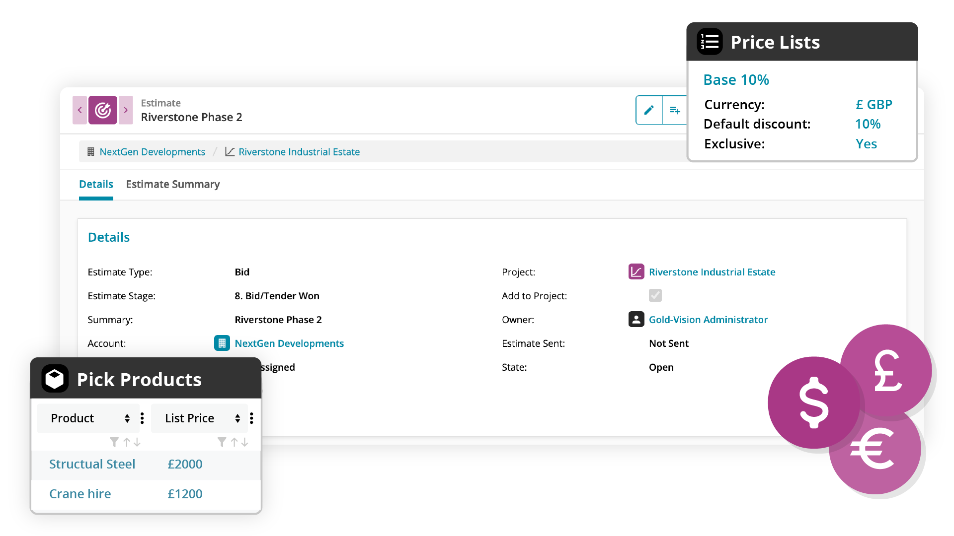Estimate with product and price list pickers
