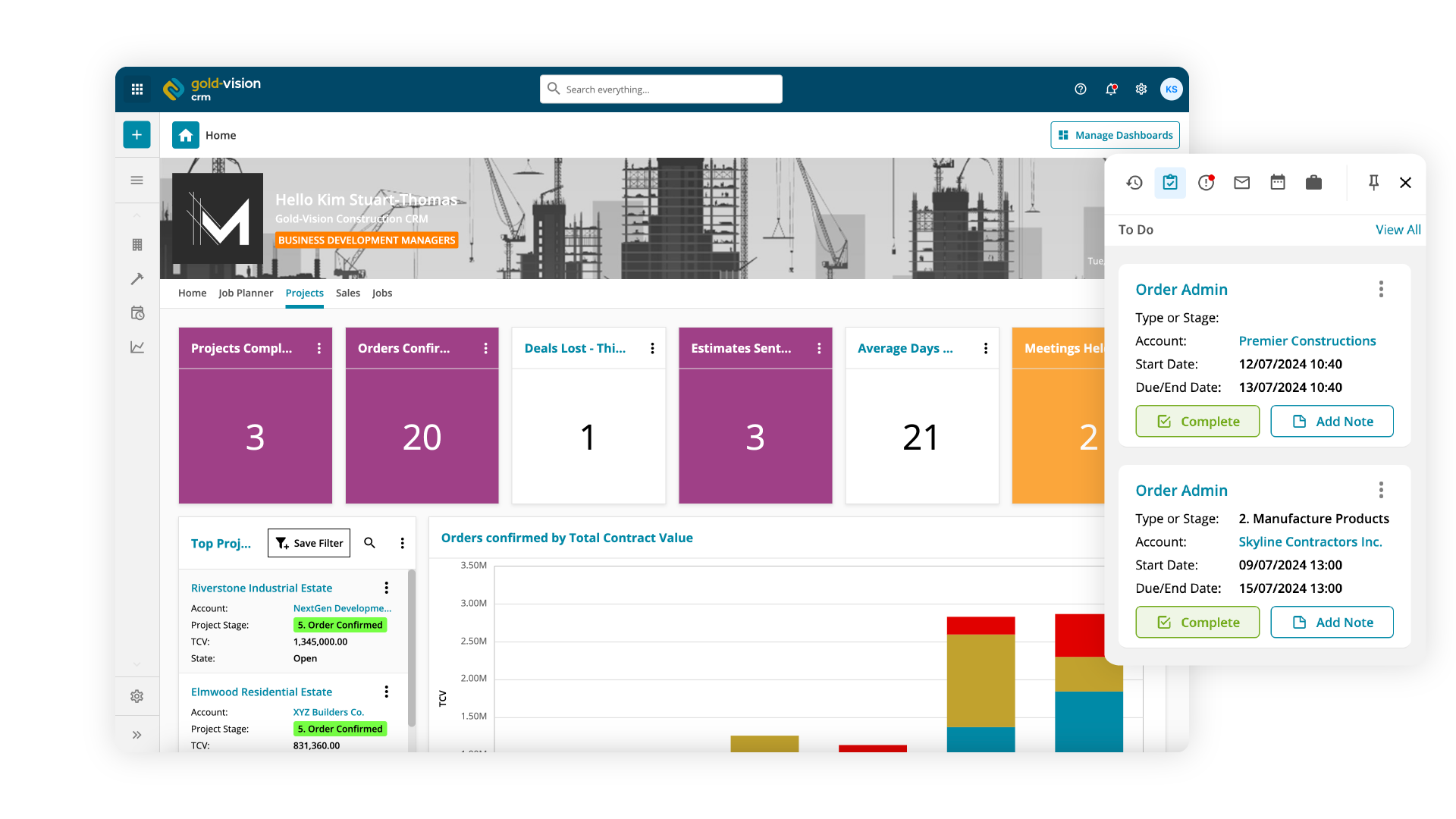 Projects dashboard with activity centre to the right