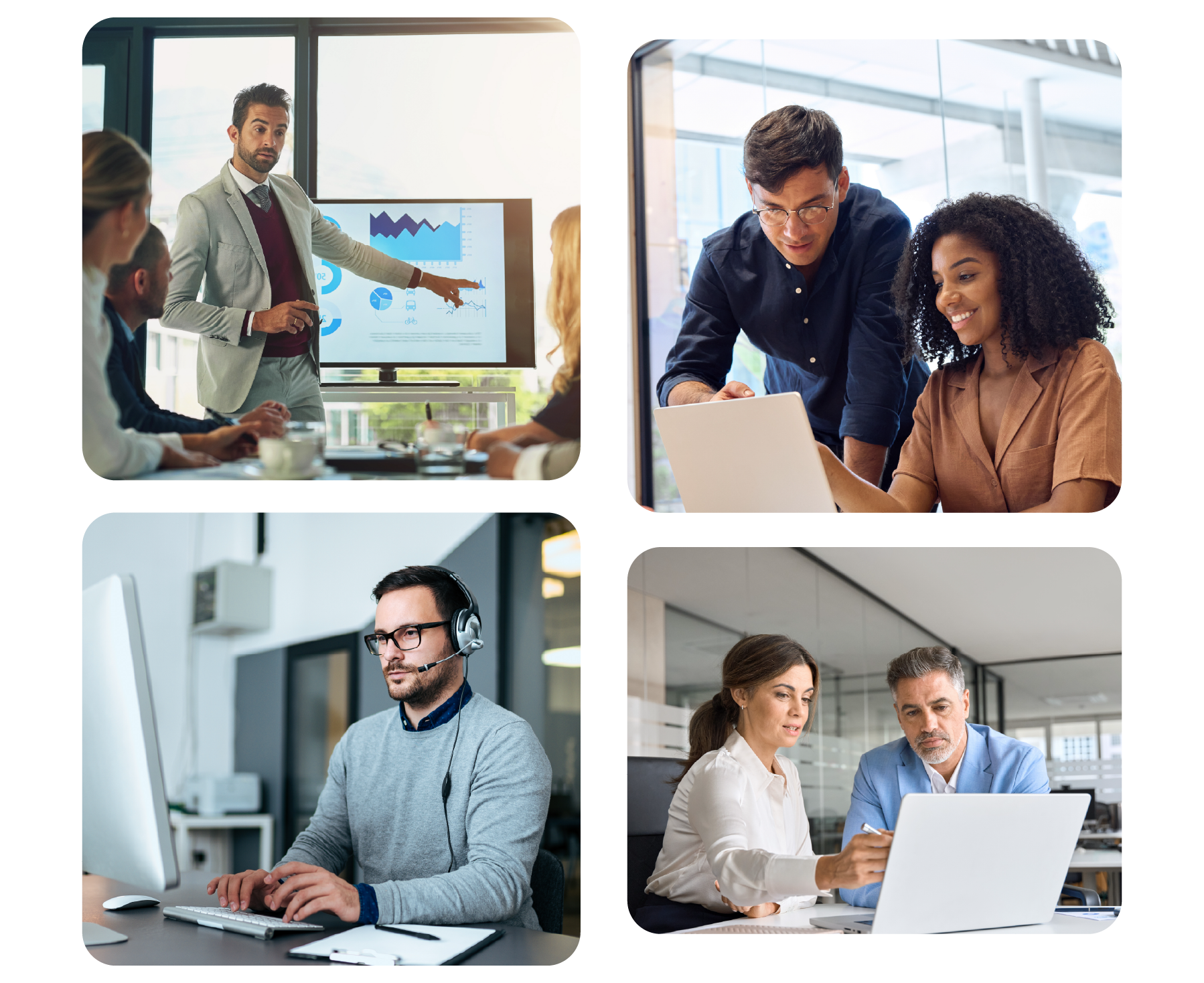 Professionals in the IT and software industry collaborating in office settings, including team meetings, one-on-one support, and remote tech assistance – highlighting CRM use in modern IT environments.