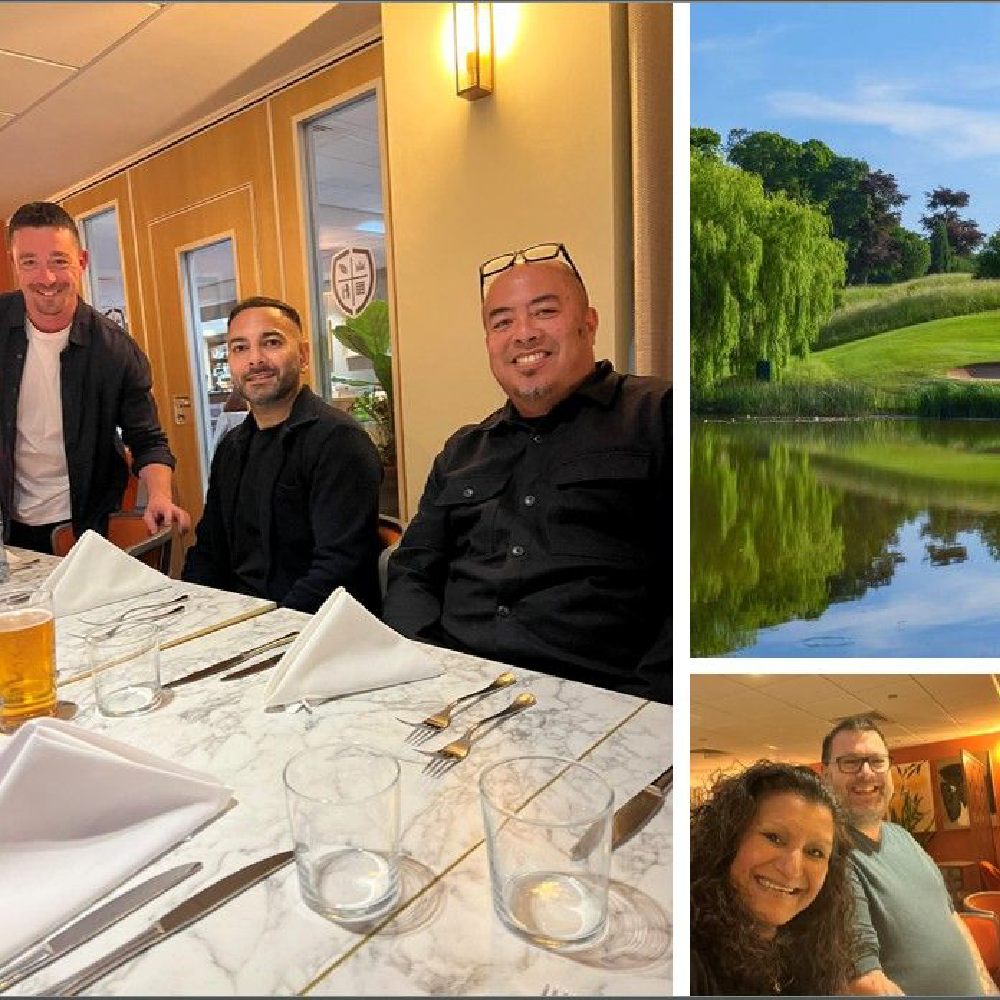 A colletion of pictures from the SLT away day, including Rich, Ian, Jiggy, Adrian and Usmaan smiling at the camera.