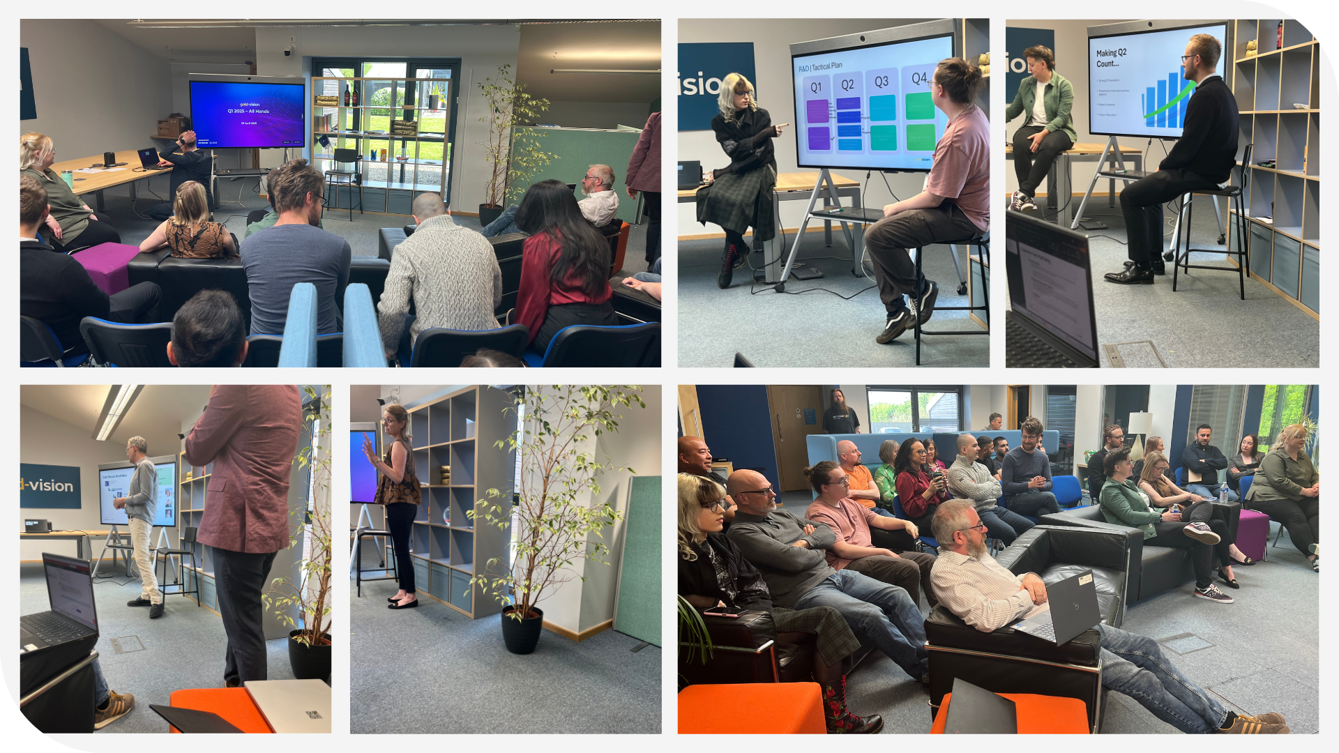 A collection of pictures from our most recent All Hands, including the whole team sat together around a screen and various speakers presenting their slides to the group.