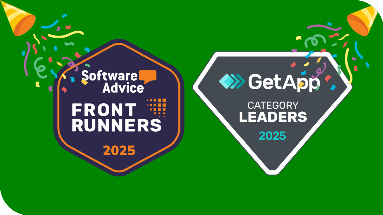 Two awards badges, one for the software advice frontrunners and one for the getapp category leaders. Includes some party canons and confetti