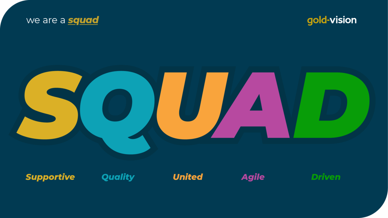 Our SQUAD poster, containing the word SQUAD and the corresponding words: Supportive, Quality, United, Agile, and Driven