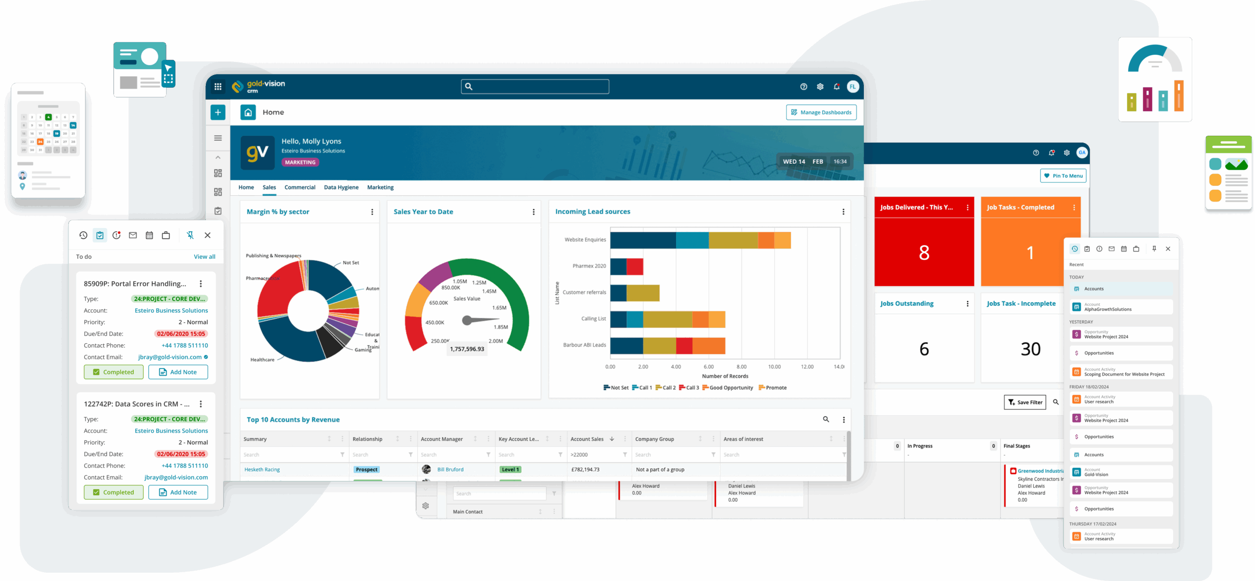 Gold-Vision CRM dashboard displaying interactive charts, task lists, lead sources, and sales performance metrics across desktop and mobile devices.