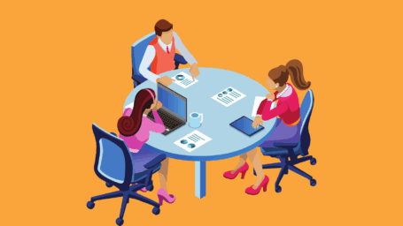 Illustration of a business team sitting around a table reviewing charts and data, representing collaboration and performance tracking with CRM tools.