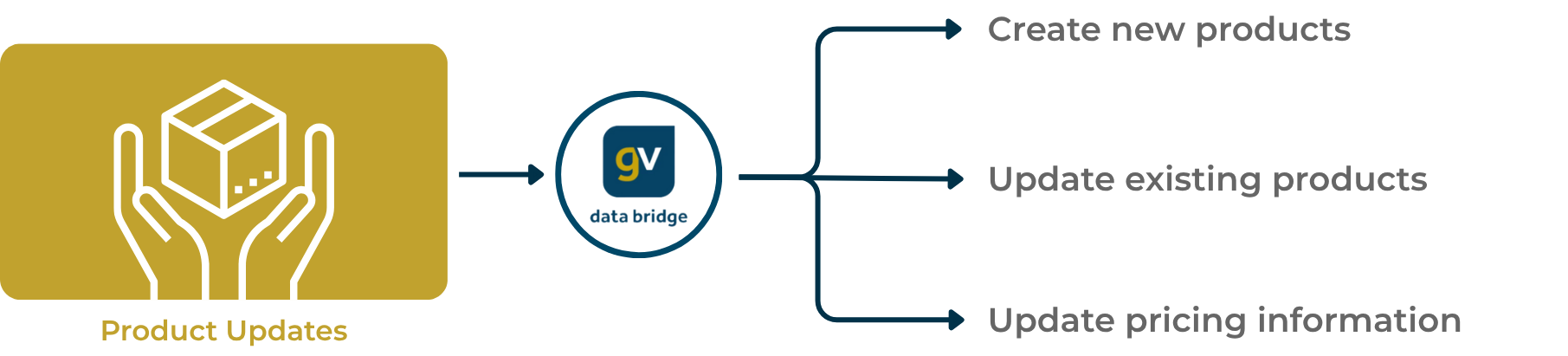 Diagram illustrating how Gold-Vision Data Bridge handles product updates, enabling users to create new products, update existing products, and update pricing information.