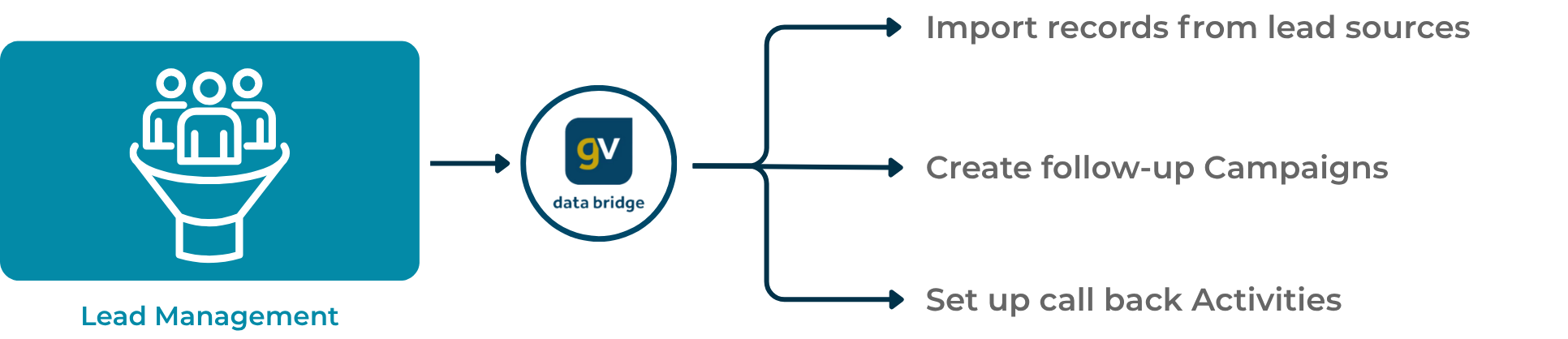 Diagram showing how Gold-Vision Data Bridge imports lead records, creates follow-up campaigns, and sets up callback activities for effective lead management.