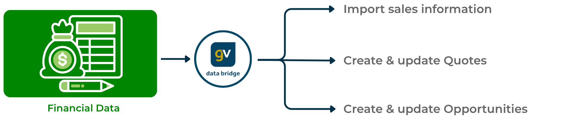Diagram depicting how Gold-Vision Data Bridge imports financial data to create and update quotes and opportunities, streamlining financial record management.