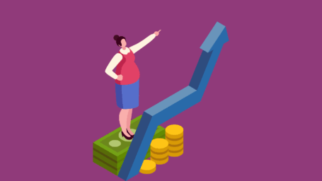 Illustration of a businesswoman standing on money and pointing to an upward graph, representing sales growth during economic challenges, with the title 'How to optimise sales during challenging times'