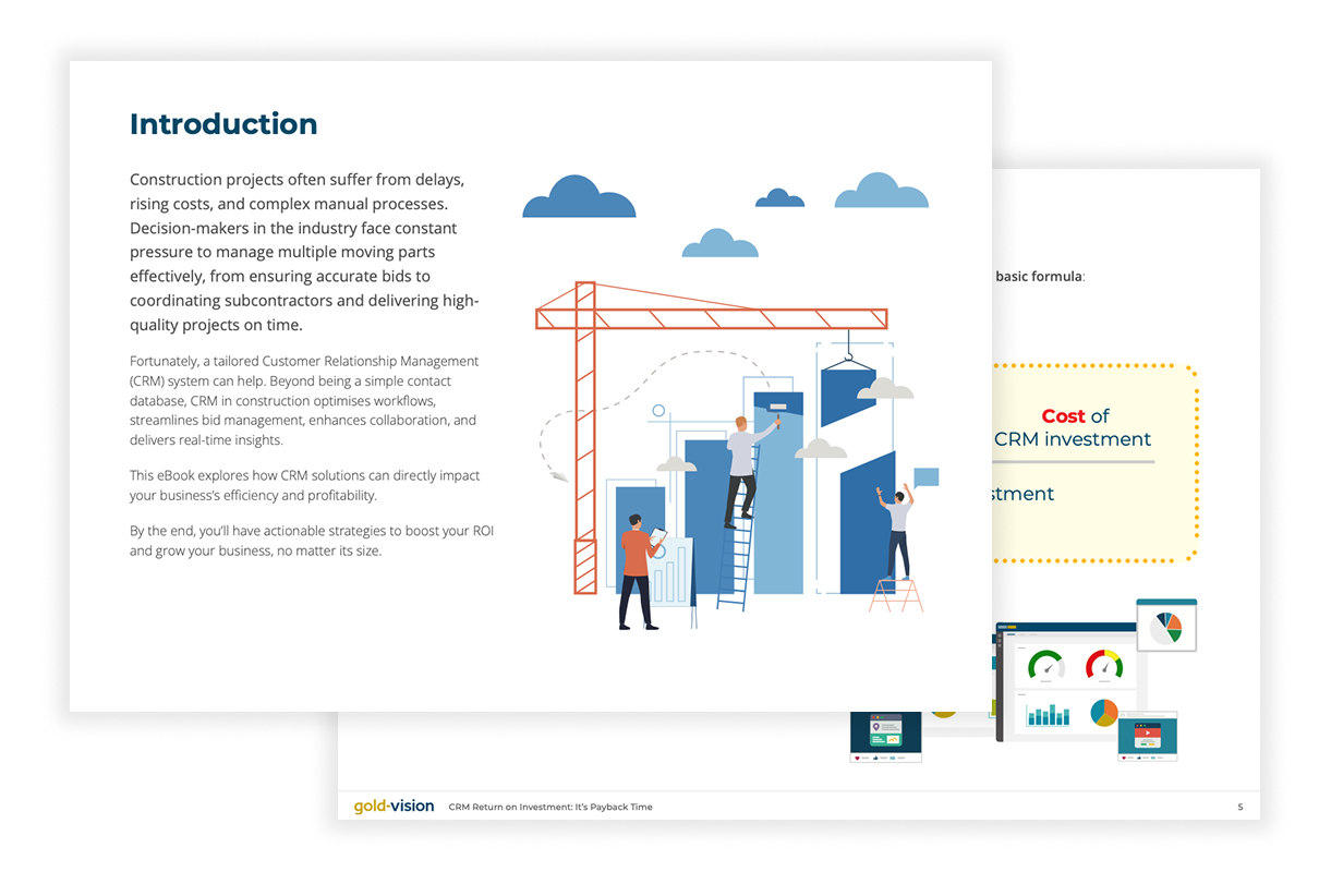 Introduction page from Gold-Vision CRM’s construction ROI eBook, highlighting industry challenges and benefits of CRM for streamlining construction project management.