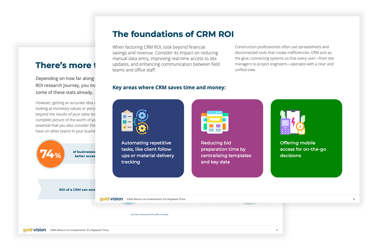 Gold-Vision CRM eBook page outlining key areas where CRM improves ROI in construction, including automation, bid preparation, and mobile access.