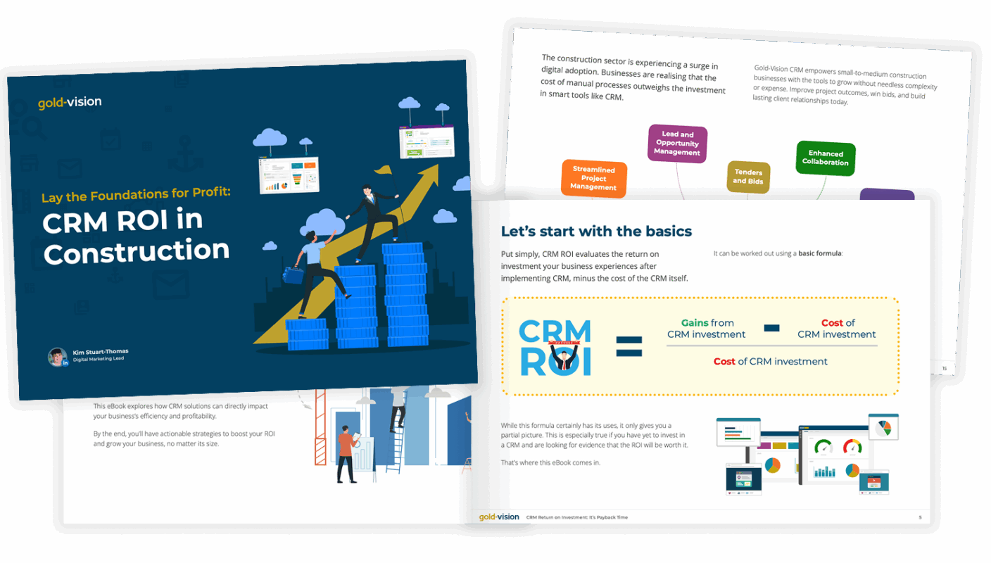 Gold-Vision CRM ROI in Construction eBook cover and introduction to calculating ROI, with a visual formula for measuring gains versus cost of CRM investment.