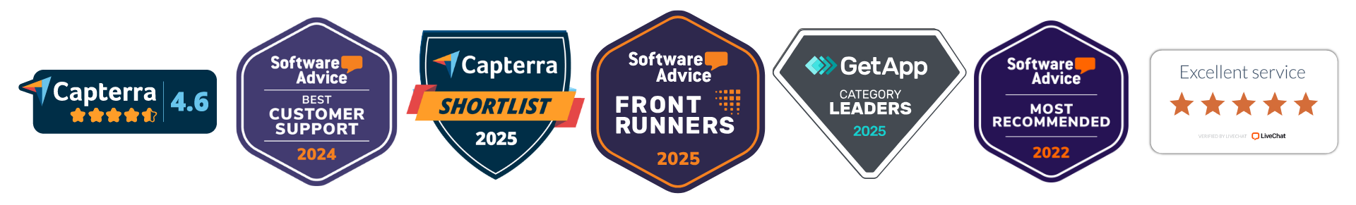 Gold-Vision CRM awards banner featuring badges from Capterra, Software Advice, GetApp, and LiveChat, including: Capterra 4.6-star rating, Best Customer Support 2024, Capterra Shortlist 2025, Software Advice Front Runners 2025, GetApp Category Leaders 2025, Most Recommended 2022, and LiveChat Excellent Service.
