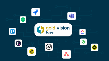 Gold-Vision Fuse logo at the center, connected to integration icons on a dark background, including Trello, Jira, Microsoft Teams, ClickUp, WhatsApp, Mailchimp, Typeform, Asana, SurveyMonkey, and more.