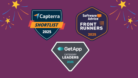Celebratory image showcasing three 2025 software awards: Capterra Shortlist, Software Advice Front Runners, and GetApp Category Leaders, on a purple background with starbursts and fireworks.