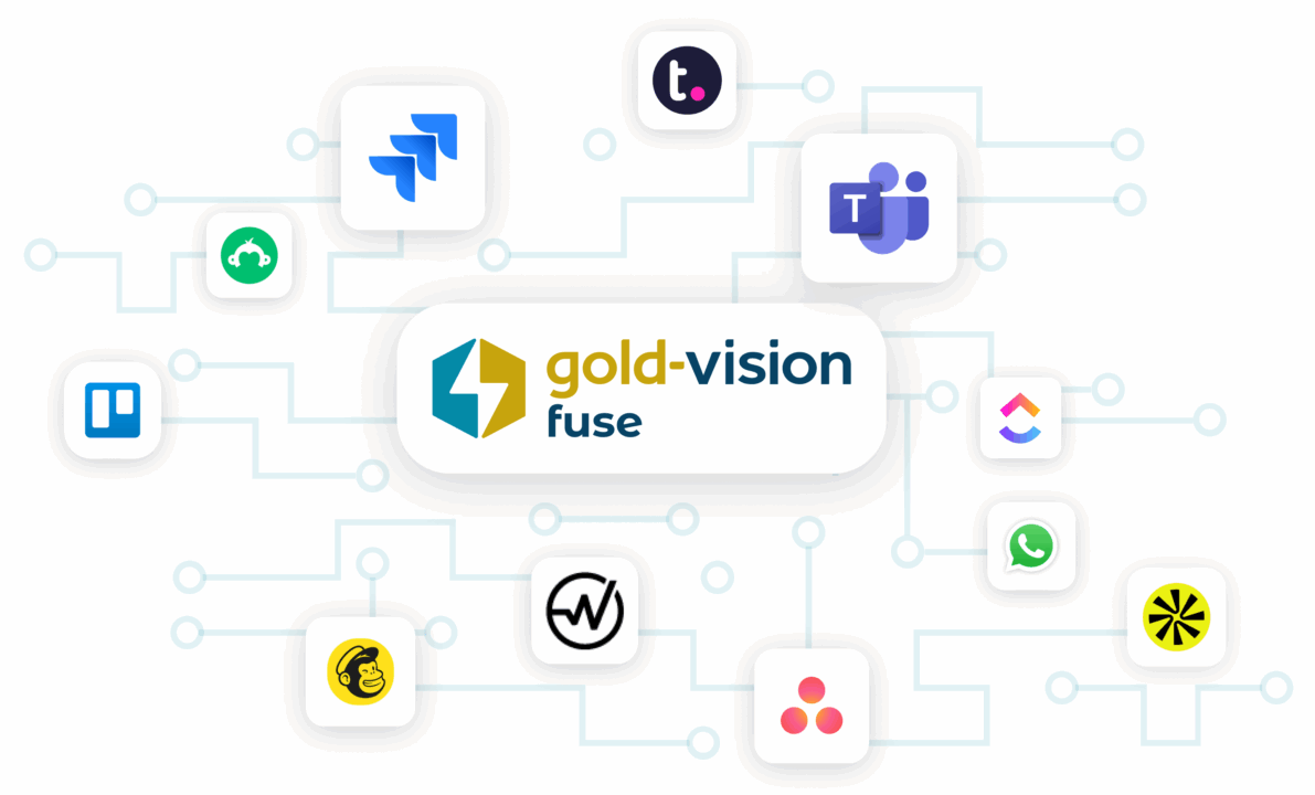 Gold-Vision Fuse logo at the center, connected to integration icons including Microsoft Teams, Jira, Trello, Typeform, WhatsApp, ClickUp, Mailchimp, Asana, and others