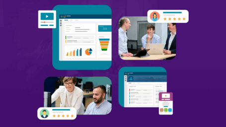 Collage of Gold-Vision CRM partnership visuals, featuring dashboard interfaces, team collaboration, customer support interactions, and five-star user reviews.
