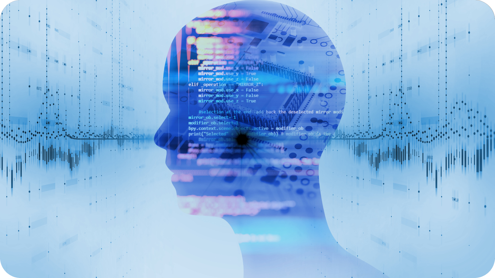 Abstract profile of a human head with programming code and circuit patterns symbolising AI-driven software development and data processing.